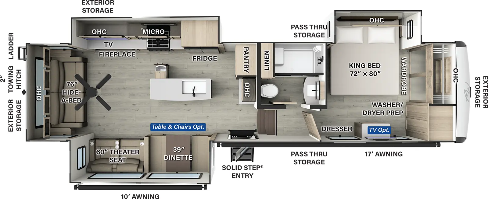 The Rockwood Signature Fifth Wheels R361RLS has one entry and three slide outs. Exterior features include: fiberglass exterior and 10' & 17' awning. Interiors features include: kitchen island, free-standing dinette option, front bedroom and rear living.